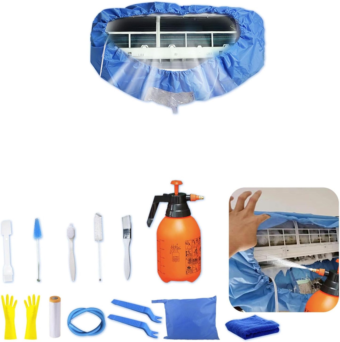 Kit Nettoyage Climatiseur Mural,Kit Nettoyage Climatisation Split,Nettoyage Climatisation Split,Bâche Nettoyage Clim(15 Pièces, Noir, Grande Taille : 94-132 Cm/37,4-51,18 Pouces)