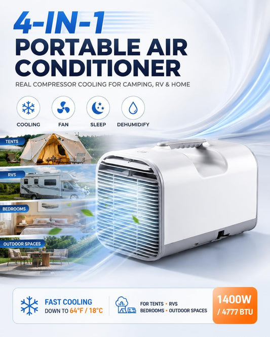 4777 BTU Unité De Climatisation Portable, Refroidisseur Extérieur 4 En 1 Avec Déshumidificateur Et Ventilateur.Système D'auto-Évaporation, Télécommande.Design Ultra-Calme Pour Le Camping, Les VR, Les
