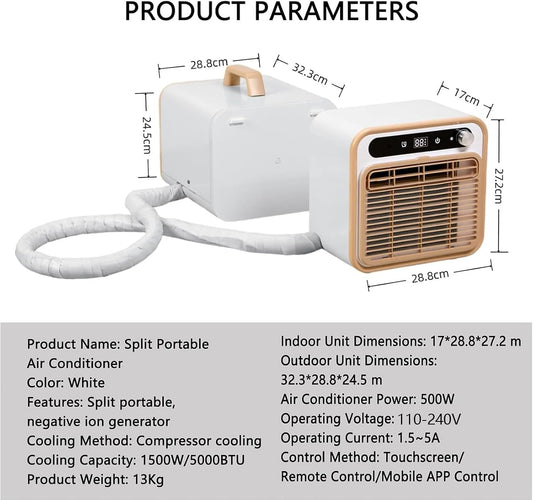 Portable Split AC 5000 BTU, APP & Télécommande, Refroidissement 40dB Silencieux, Minuterie 12H, Climatiseur Léger Pour VR, Camping, Chambre à Coucher, Bureau