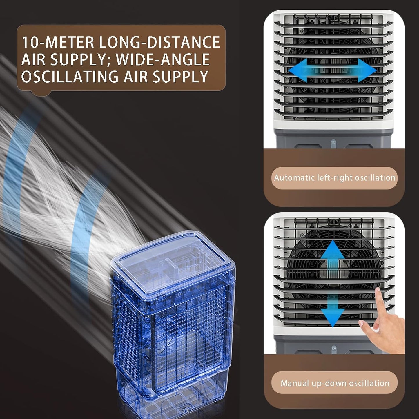 Climatiseur Portable Rafraichisseur D'Air Mobile Doté De Réservoirs D'eau De 20/30/40 Litres Et D'une Diffusion D'air Silencieuse Jusqu'à 10 Mètres De Distance Il Convient Aux Maison 16.9*12.6*31.5in