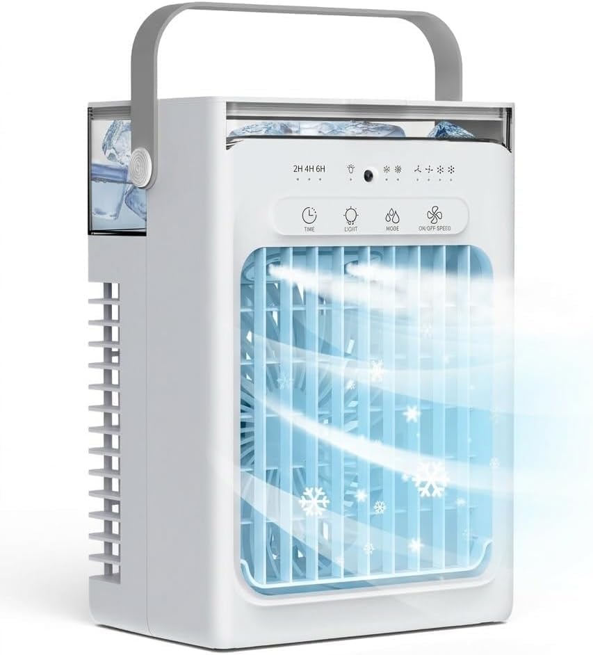  Mini Climatiseur Portable 3-en-1, Réservoir D'Eau 1L, 4 Vitesses Réglables, 3 Minuteurs, Lumière RVB Intégrée, Climatiseur Mobile Silencieux Avec Télécommande Pour Maison, Bureau