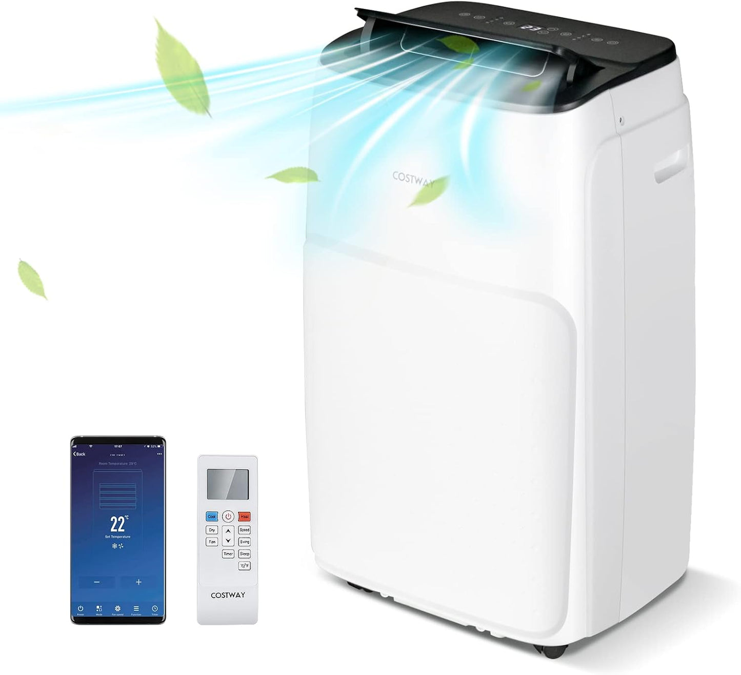  COSTWAY Climatiseur Mobile Silencieux 5 EN 1, Clim 12000BTU Refroidissement Rapide,Chauffage,Ventilateur,Déshumidificateur,Mode Nuit, Climatisation Faible Conso,Wifi