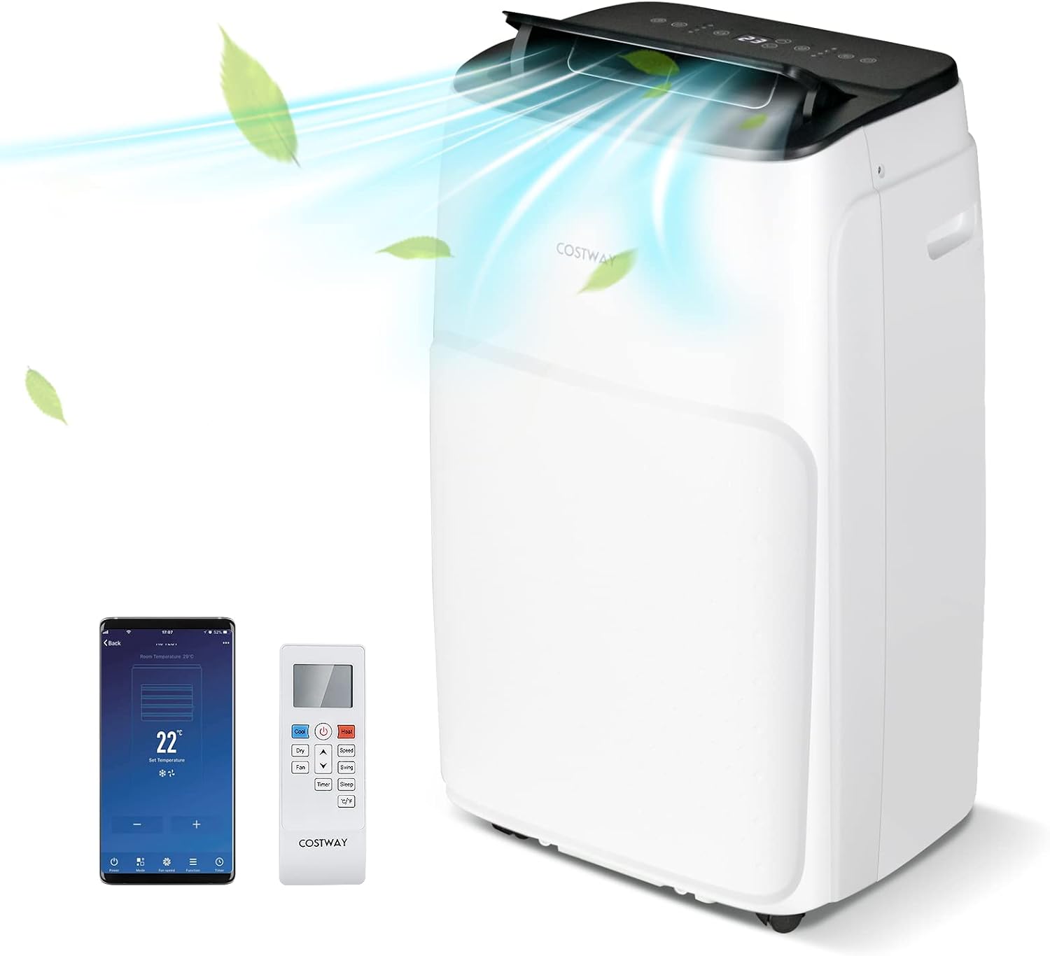  COSTWAY Climatiseur Mobile Silencieux 5 EN 1, Clim 12000BTU Refroidissement Rapide,Chauffage,Ventilateur,Déshumidificateur,Mode Nuit, Climatisation Faible Conso,Wifi