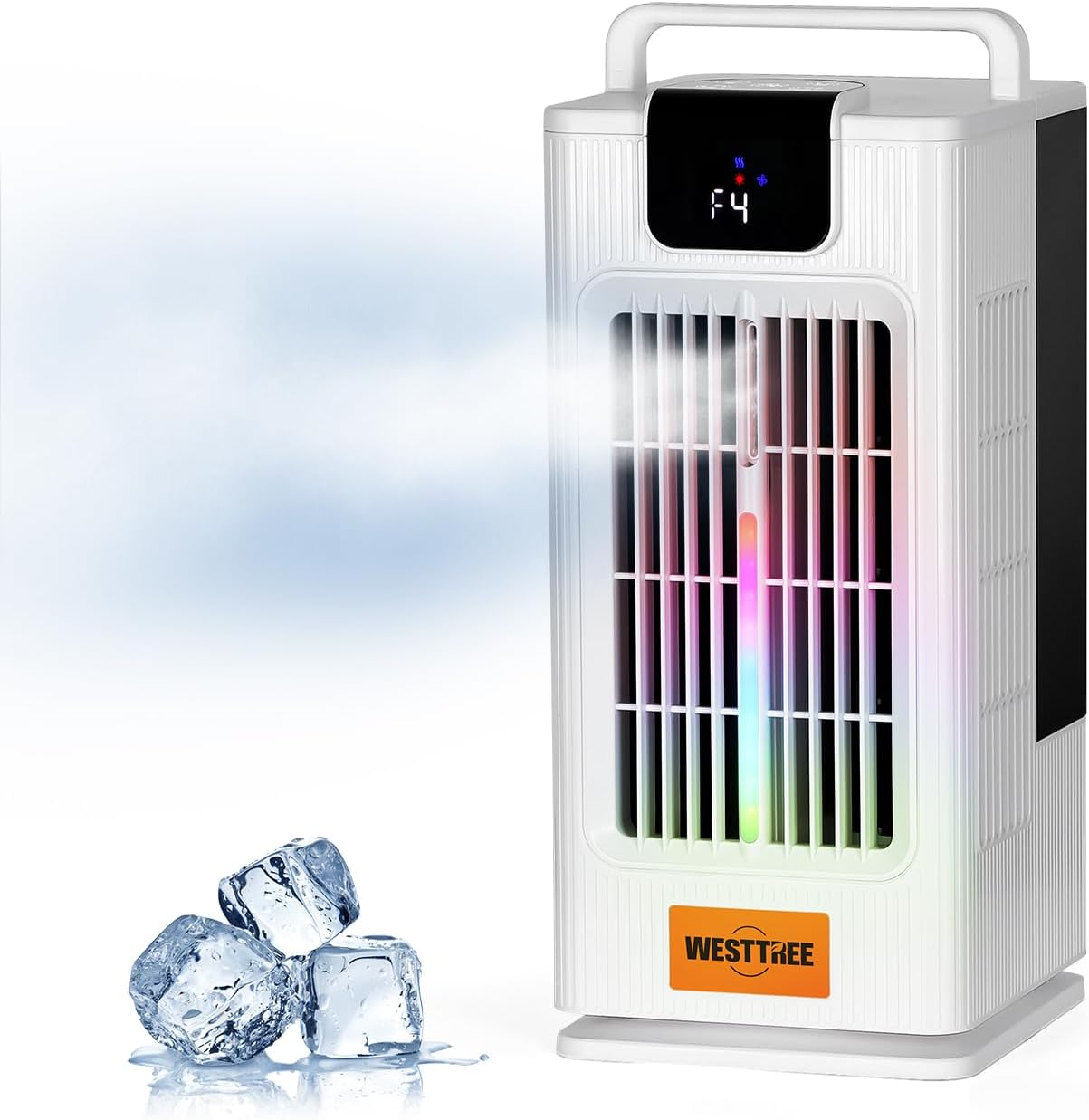  WESTTREE Petit Ventilateur Brumisateur De Climatiseur, Oscillant à 120°, 3 Niveaux D'humidification Et 4 Vitesses, 7 Veilleuses De Couleur RVB, Climatiseur Portable Pour Chambre à Coucher -F10 Blanc