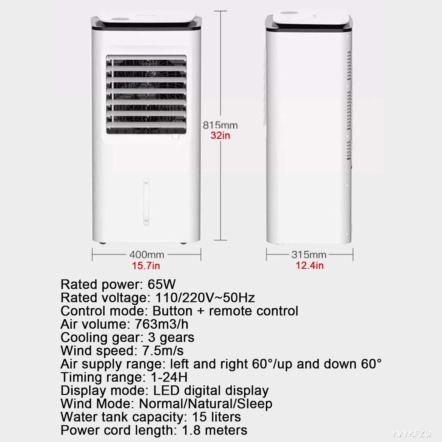  YVYKFZD Climatiseur Portable 3 En 1, Refroidisseur D'air Par Évaporation 15L Avec Télécommande, Ventilateur Climatiseur À Réglage De Vitesse À 3 Positions, Minuterie 24 Heures, Pour Bureau À Domicile