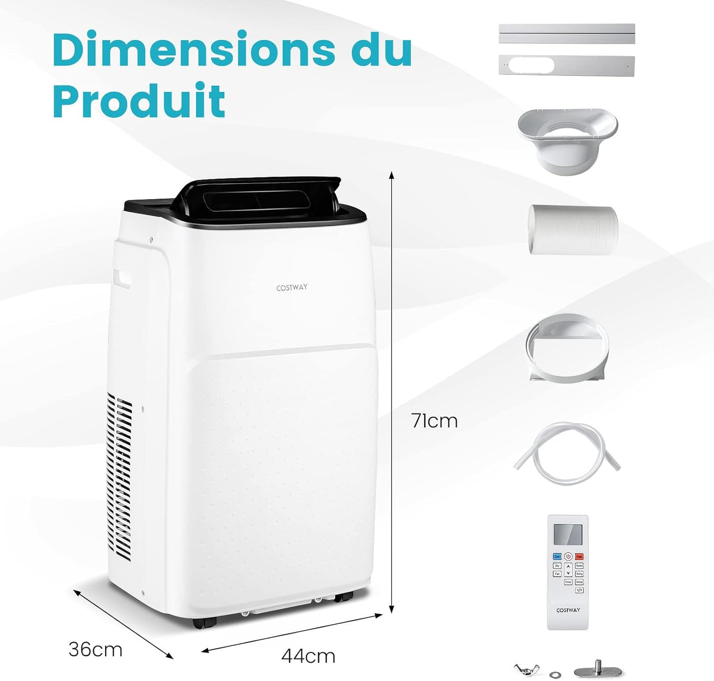  COSTWAY Climatiseur Mobile Silencieux 5 EN 1, Clim 12000BTU Refroidissement Rapide,Chauffage,Ventilateur,Déshumidificateur,Mode Nuit, Climatisation Faible Conso,Wifi