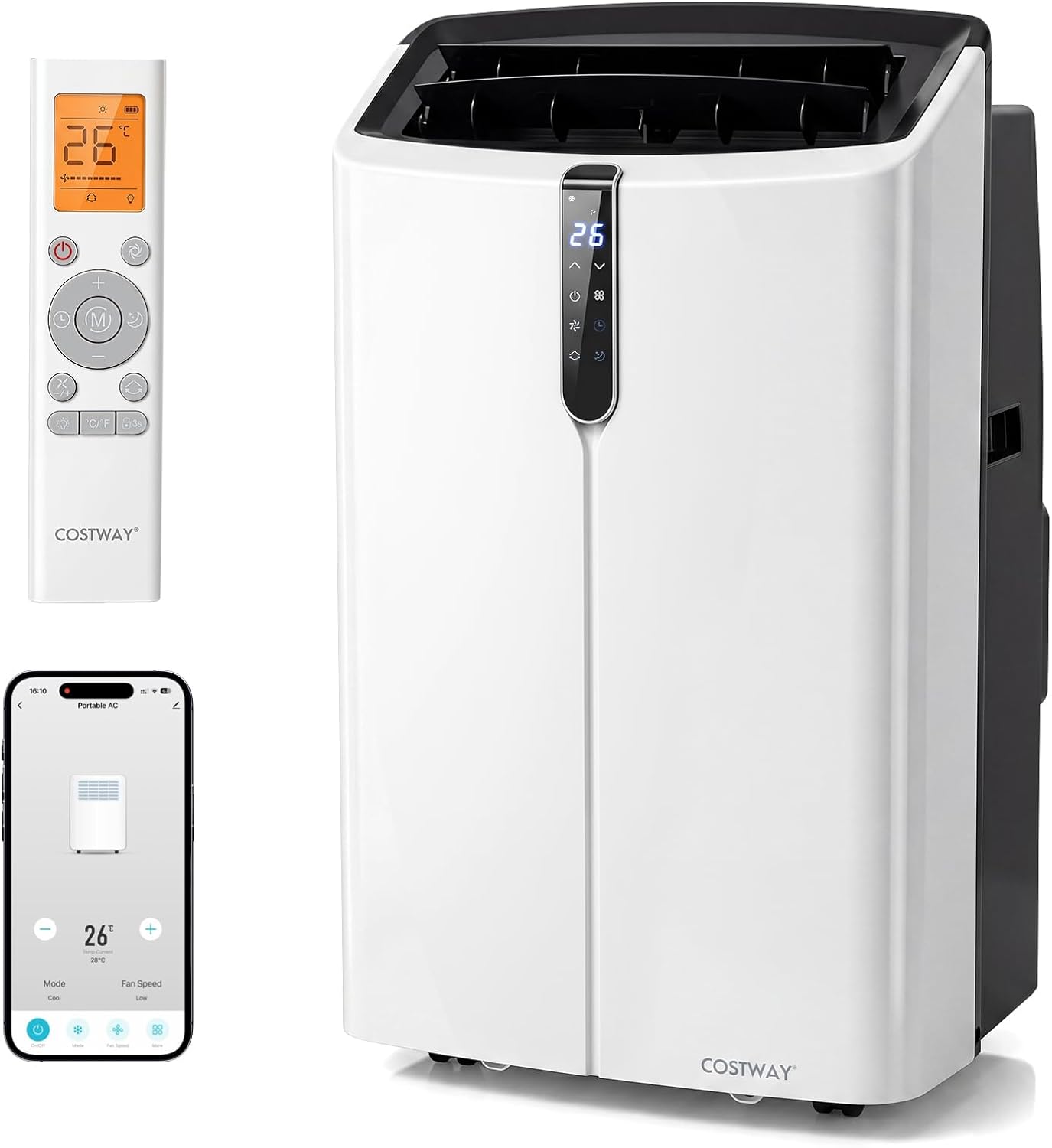  COSTWAY Climatiseur Mobile Silencieux 5 EN 1, Clim 12000BTU Refroidissement Rapide,Chauffage,Ventilateur,Déshumidificateur,Mode Nuit, Climatisation Faible Conso,Wifi