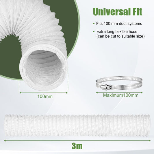  Tube Evacuation Climatiseur Mobile, Tuyau Ventilation En PVC, Ø100 mm, Tuyau D'évacuation D'air Flexible Avec Collier De Serrage Inox, Pour Climatisation Sèche-Linge Extracteur D'Air(3M)