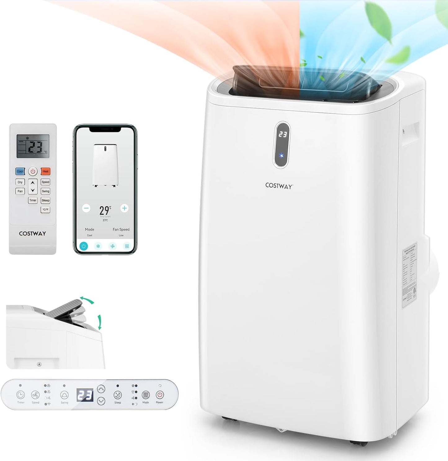  COSTWAY Climatiseur Mobile Silencieux 5 EN 1, Clim 12000BTU Refroidissement Rapide,Chauffage,Ventilateur,Déshumidificateur,Mode Nuit, Climatisation Faible Conso,Wifi