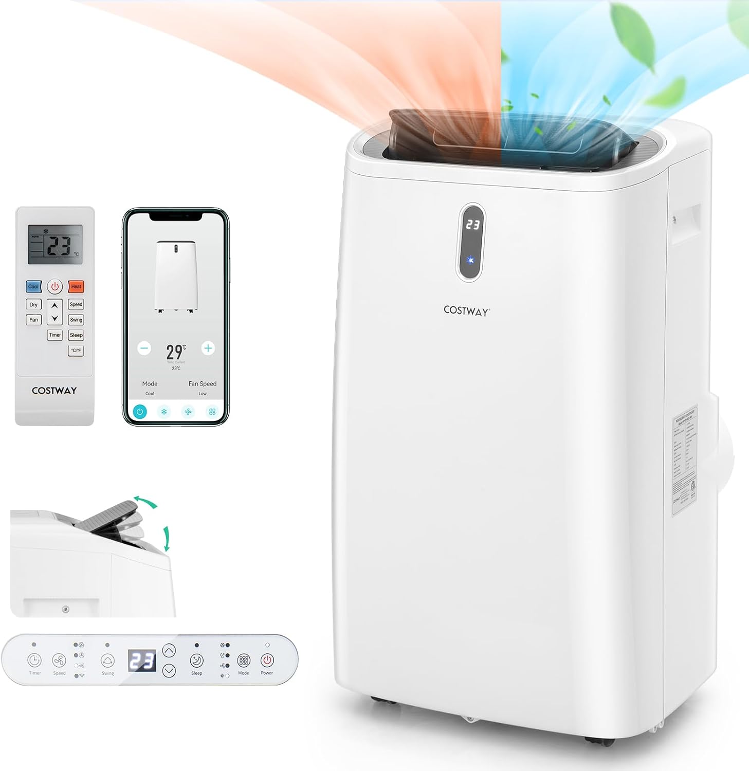  COSTWAY Climatiseur Mobile Silencieux 5 EN 1, Clim 12000BTU Refroidissement Rapide,Chauffage,Ventilateur,Déshumidificateur,Mode Nuit, Climatisation Faible Conso,Wifi