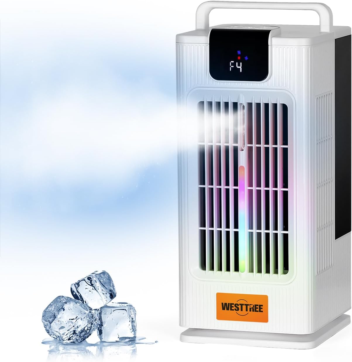  WESTTREE Petit Ventilateur Brumisateur De Climatiseur, Oscillant à 120°, 3 Niveaux D'humidification Et 4 Vitesses, 7 Veilleuses De Couleur RVB, Climatiseur Portable Pour Chambre à Coucher -F10 Blanc