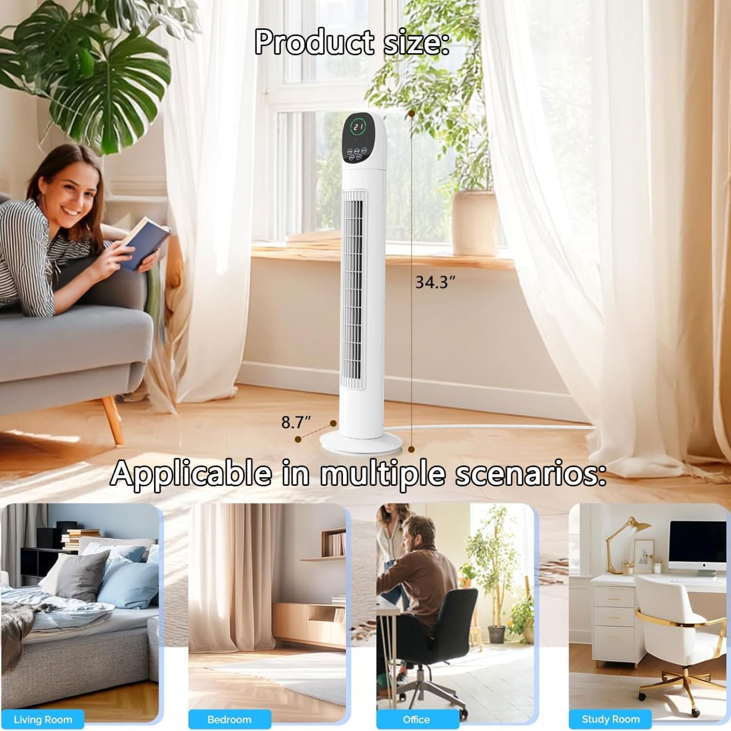  Ventilateur De Tour Avec Télécommande, 3 Vitesses, 7.5H Minuterie, 80° Oscillant Bladeless Design Pour Chambre à Coucher, Bureau, Fonctionnement Silencieux Sans Danger Pour Les Enfants