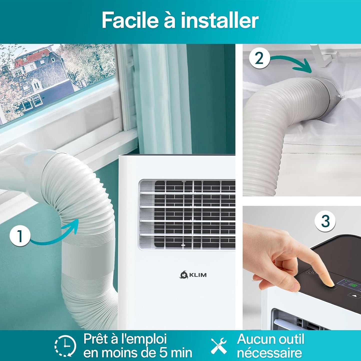  KLIM K9000 - Climatiseur Mobile Silencieux 3 En 1 - Climatiseur Portable 9000 BTU - Rafraichisseur D’Air - Déshumidificateur - Ventilateur Et Climatisation - Avec Télécommande - Blanc