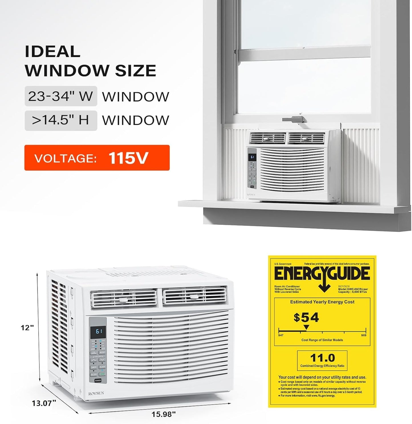  ROVSUN Climatiseur Pour Fenêtre, 6000 BTU, Télécommande Et Minuteur, Idéal Pour Les Pièces Jusqu'à 250 M², 110 V/60 Hz, Blanc