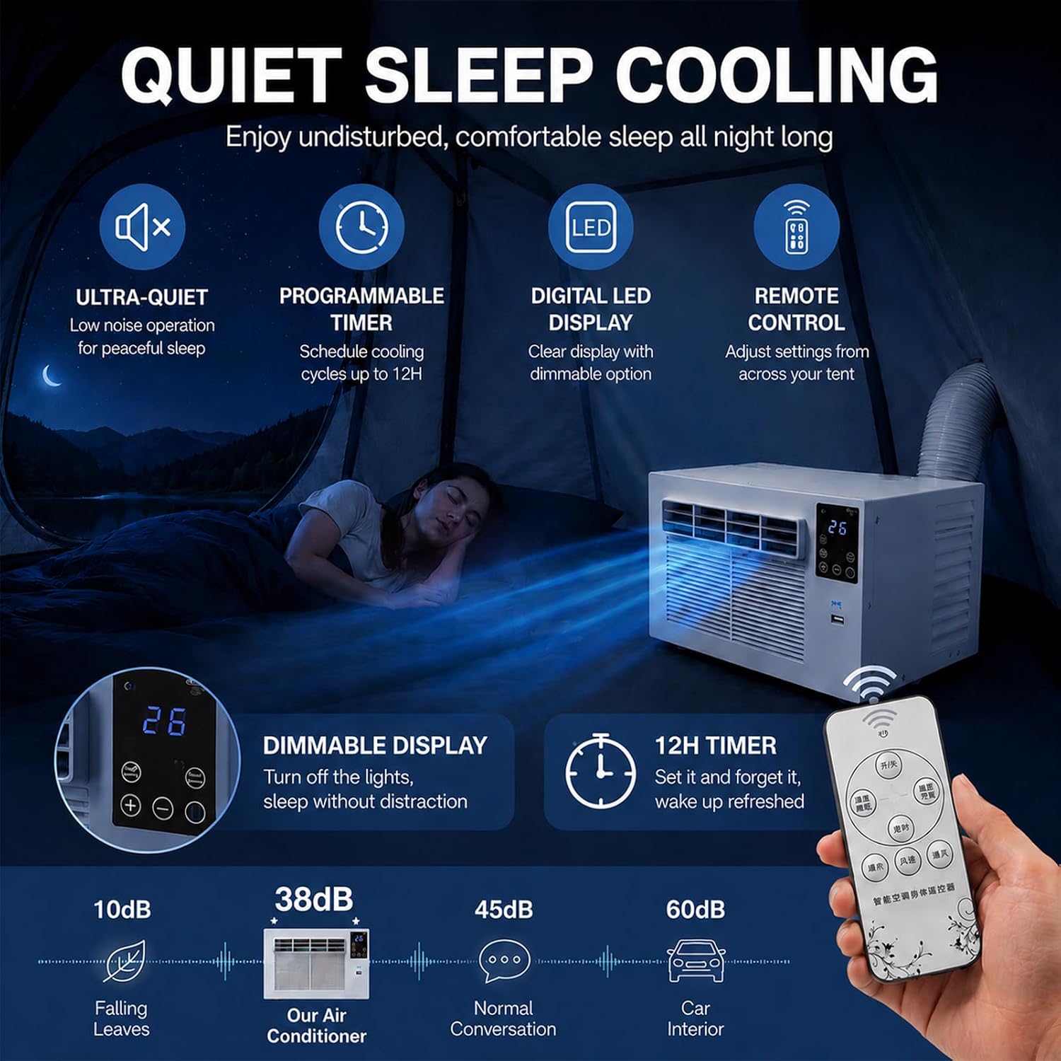  Climatiseur De Camping Portable, 1876 BTU AC, 280W Basse Puissance, Spot Cooler Silencieux Avec Télécommande, Mode Double Froid/Déshumidification, Minuterie 24H, Pour Tente 1-5㎡, RV, Plein Air