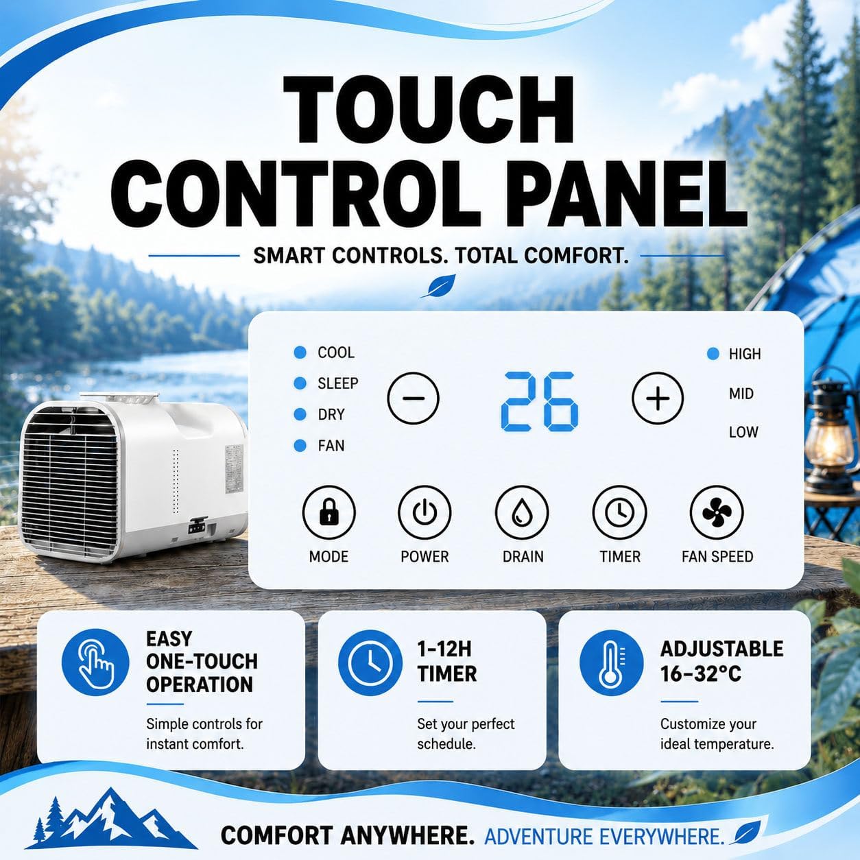  Mini Climatiseur Portable 5100 BTU | Climatiseur De Camping Tente | Mode Nuit Silencieux, Minuterie 12 Heures, Design Compact Avec Tuyau D'échappement Inclus Pour Maison, Camion Et Van V1pro