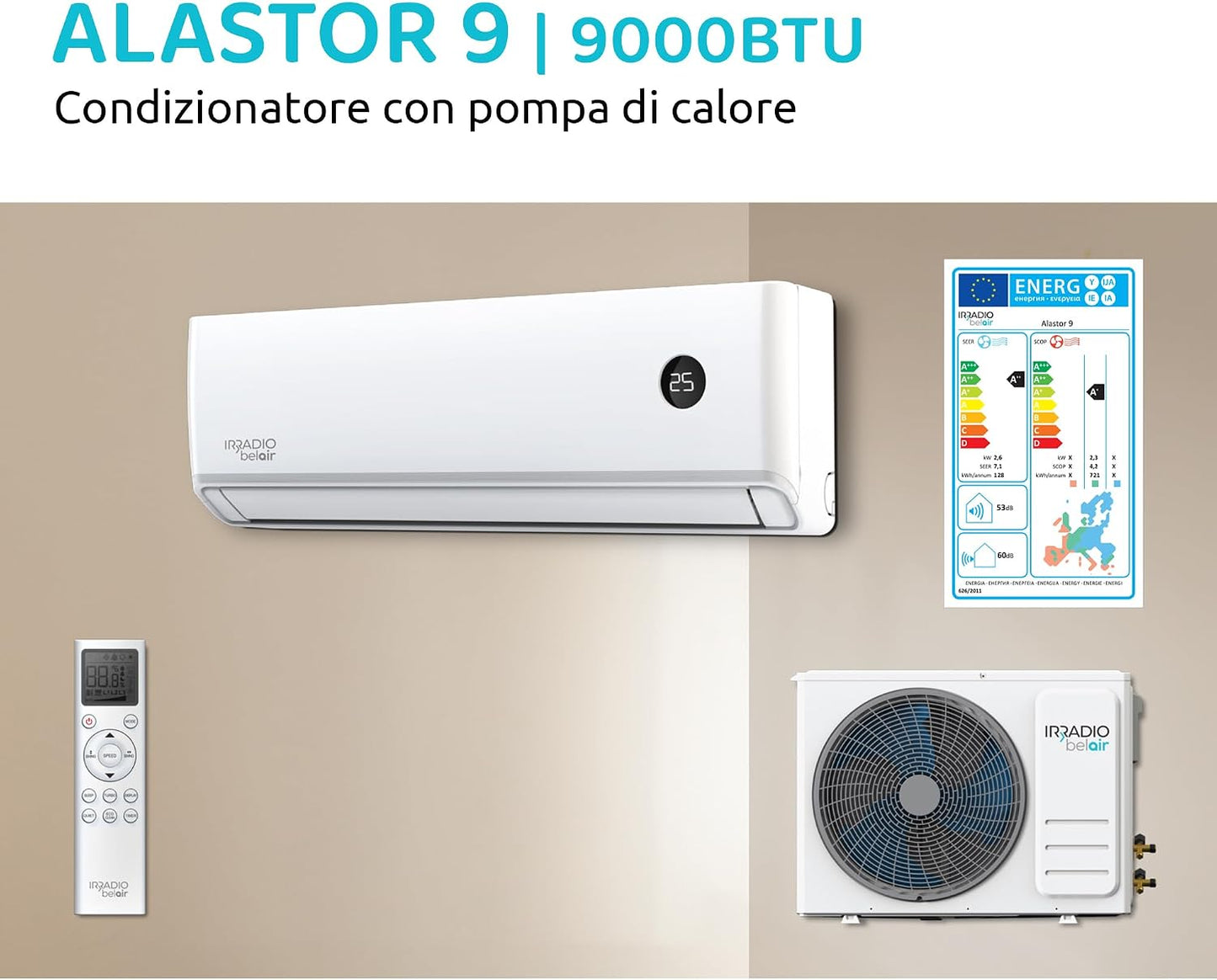  ALASTOR 9 Climatiseur Inverseur 9000 BTU Avec Pompe à Chaleur, Gaz R32, Classe A++/A+, Télécommande LCD Sans Fil, écran LCD, Filtres Lavables, Minuterie Programmable