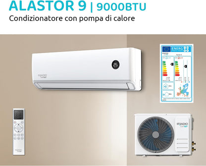 ALASTOR 9 Climatiseur Inverseur 9000 BTU Avec Pompe à Chaleur, Gaz R32, Classe A++/A+, Télécommande LCD Sans Fil, écran LCD, Filtres Lavables, Minuterie Programmable