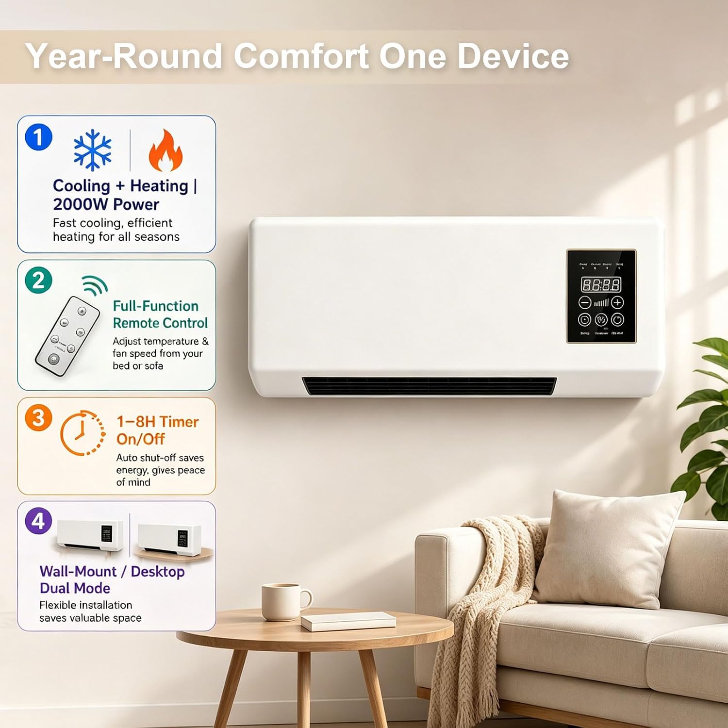  2000W 2-in-1 Portable Wall Mounted Air Conditioner, Mini Wall Mounted Air Conditioner, Fast Cooling And Heating, 8 Hours Timer For Home And Office,Red Flower