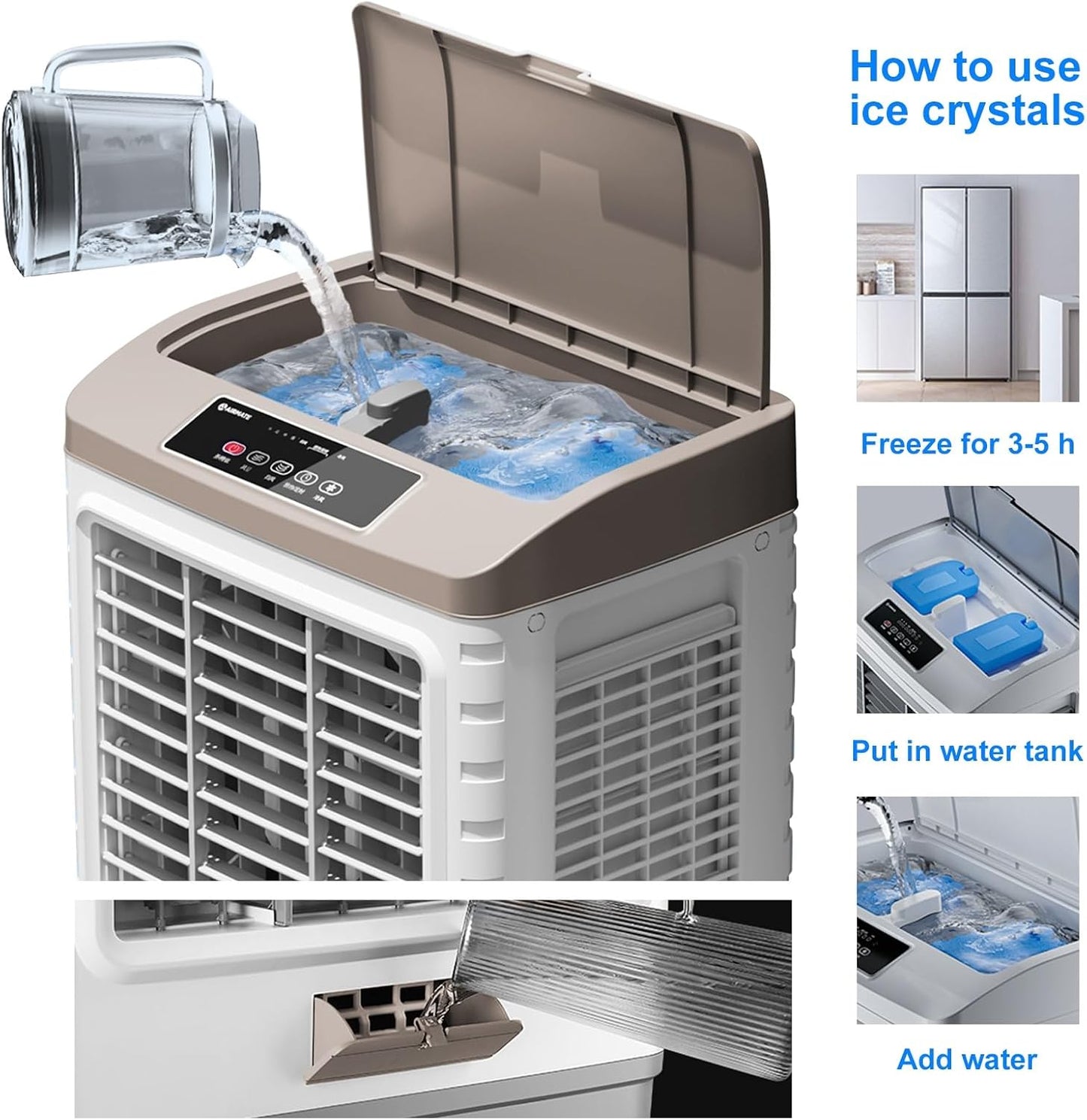  Climatiseur Mobile Sans évacuation, Rafraichisseur D'air Réservoir De 50 L, Télécommande, Oscillation à 120°, 3 Vitesses