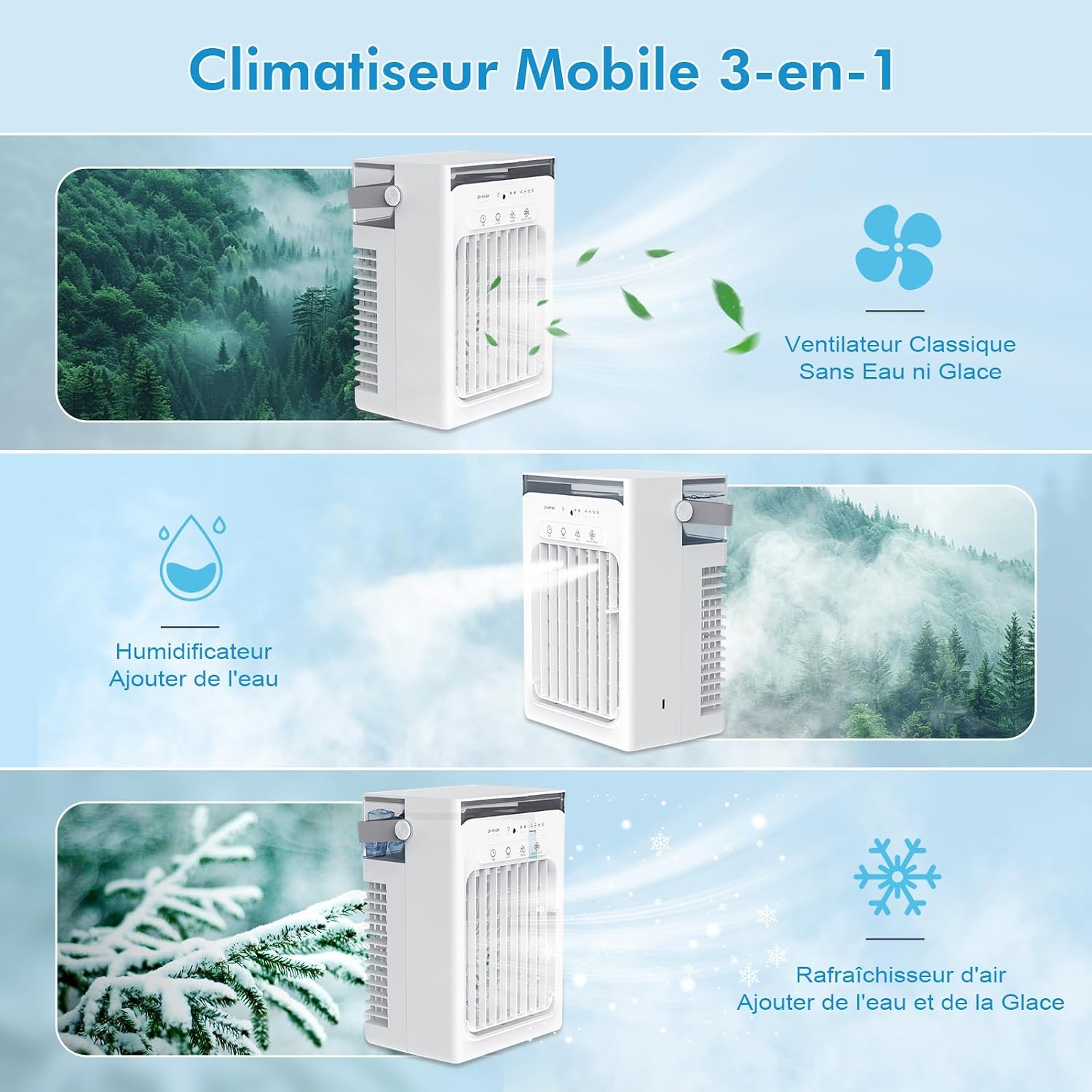  Mini Climatiseur Portable 3-en-1, Réservoir D'Eau 1L, 4 Vitesses Réglables, 3 Minuteurs, Lumière RVB Intégrée, Climatiseur Mobile Silencieux Avec Télécommande Pour Maison, Bureau