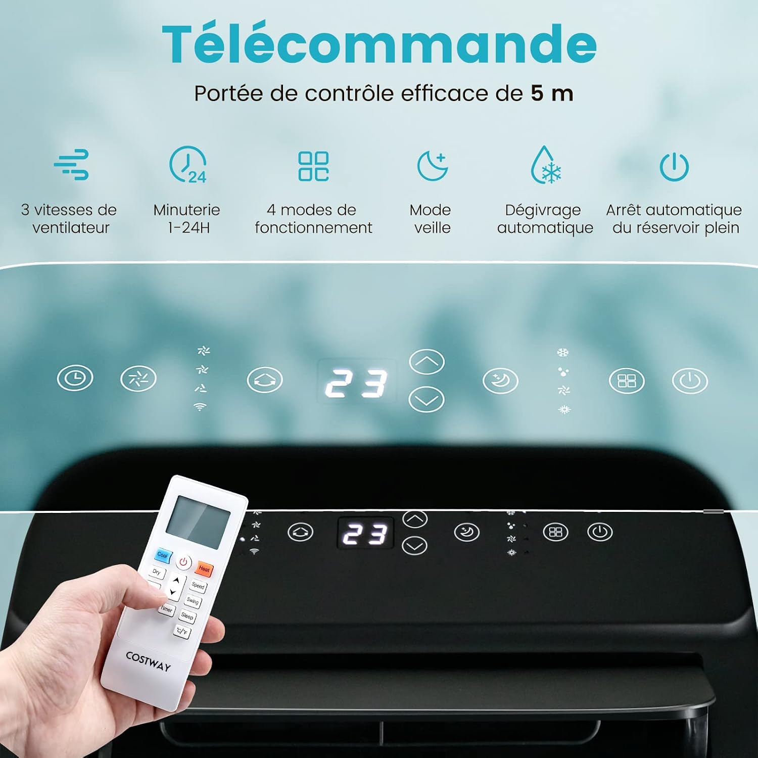  COSTWAY Climatiseur Mobile Silencieux 5 EN 1, Clim 12000BTU Refroidissement Rapide,Chauffage,Ventilateur,Déshumidificateur,Mode Nuit, Climatisation Faible Conso,Wifi