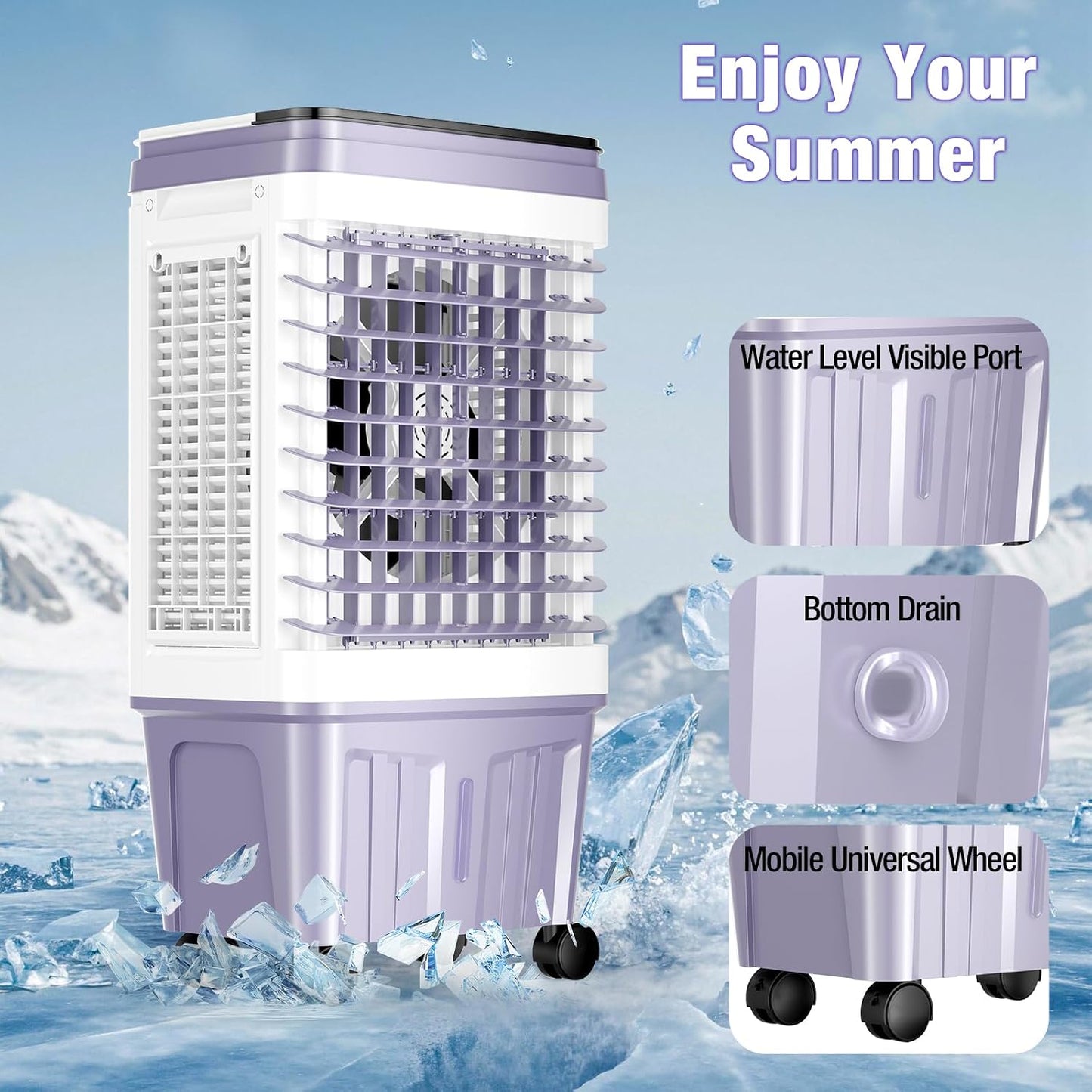  Swamp Cooler, Climatiseur Portable 2 500 CFM, Refroidisseur D'air évaporatif Avec Réservoir D'eau De 6,87 Gallons, 3 Vitesses Et 4 Modes, Oscillation à 120°, Refroidisseur D'air Avec Minuterie De