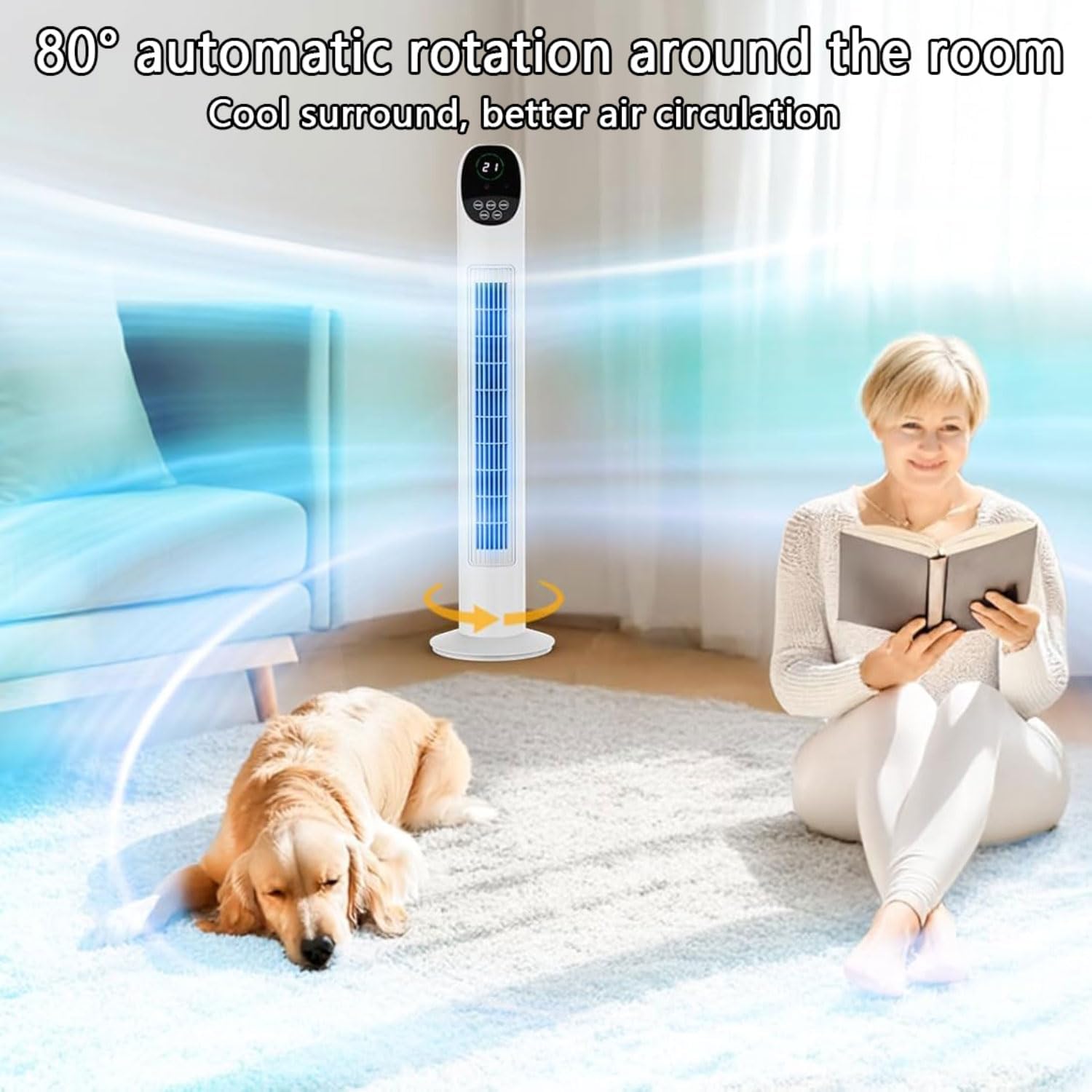  Ventilateur De Tour Avec Télécommande, 3 Vitesses, 7.5H Minuterie, 80° Oscillant Bladeless Design Pour Chambre à Coucher, Bureau, Fonctionnement Silencieux Sans Danger Pour Les Enfants