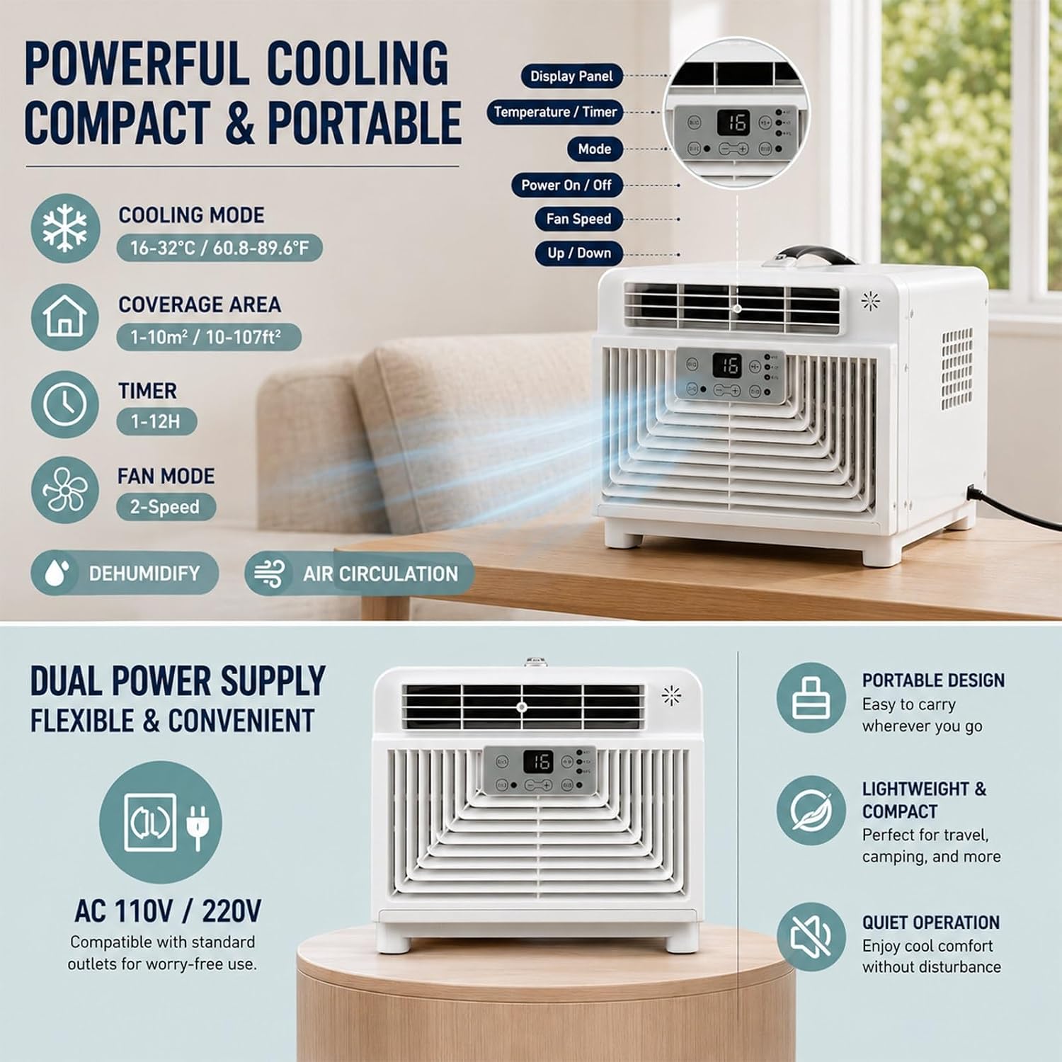  Climatiseur De Tente Et Camping-Car, Mini Climatiseur Portable 3 En 1 Avec Véritable Compresseur (2700 BTU / 280W), Ventilateur Silencieux 45dB Pour Voyage, CaraVa-nse Et Camion