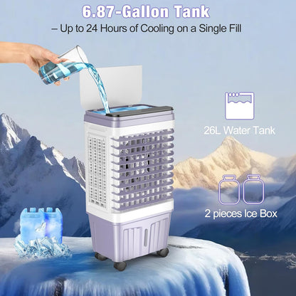  Swamp Cooler, Climatiseur Portable 2 500 CFM, Refroidisseur D'air évaporatif Avec Réservoir D'eau De 6,87 Gallons, 3 Vitesses Et 4 Modes, Oscillation à 120°, Refroidisseur D'air Avec Minuterie De