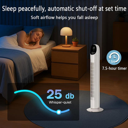  Ventilateur De Tour Avec Télécommande, 3 Vitesses, 7.5H Minuterie, 80° Oscillant Bladeless Design Pour Chambre à Coucher, Bureau, Fonctionnement Silencieux Sans Danger Pour Les Enfants