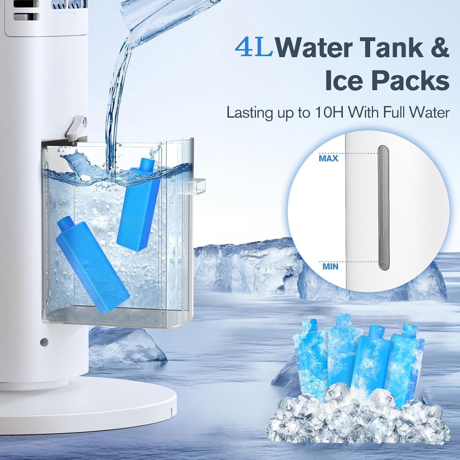 GENERIC Refroidisseur D'air évaporatif Portable Avec Télécommande, 4L Tank & Ice Packs, 12H Timer, Ventilateur De Tour Oscillante Silencieux Pour Chambre à Coucher, Bureau, Refroidissement à La Maison