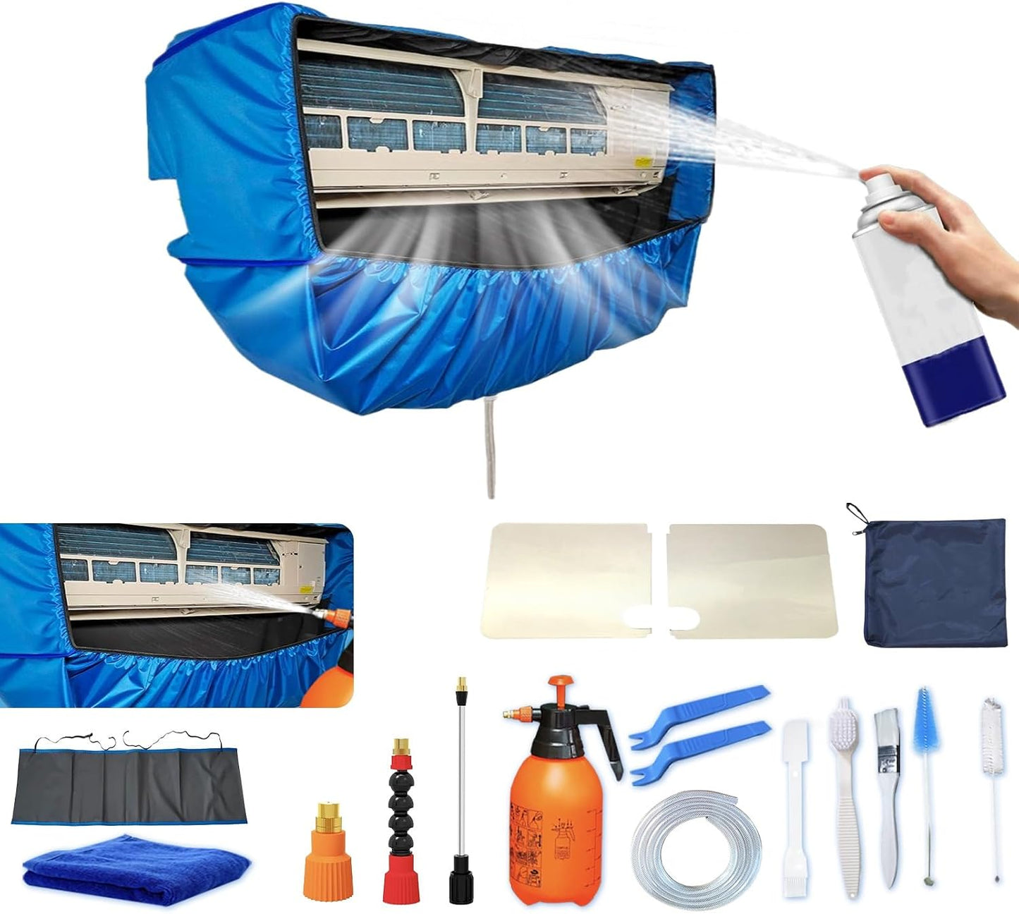  Kit De Nettoyage Pour Climatiseur Split(Panneaux Latéraux Améliorés), Avec Un Espace Supplémentaire Sac De Nettoyage Pour Climatiseur Split(bleu Et Blanc, Petit, 18 Pièces)
