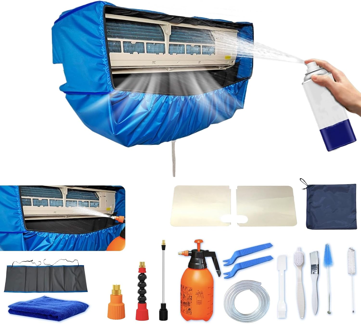  Kit De Nettoyage Pour Climatiseur Split(Panneaux Latéraux Améliorés), Avec Un Espace Supplémentaire Sac De Nettoyage Pour Climatiseur Split(Bleu Foncé, Petit, 18 Pièces)
