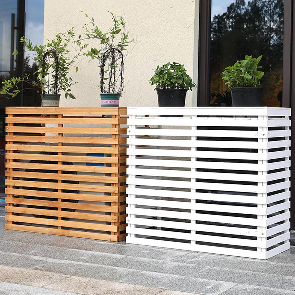 GENERIC Housse De Protection Pour Climatiseur D'extérieur En Bois Massif Avec Persiennes Et Support De Fleurs 105 X 45 X 95 Cm, Résistante Aux Intempéries Et Design Pour Jardin Et Terrasse