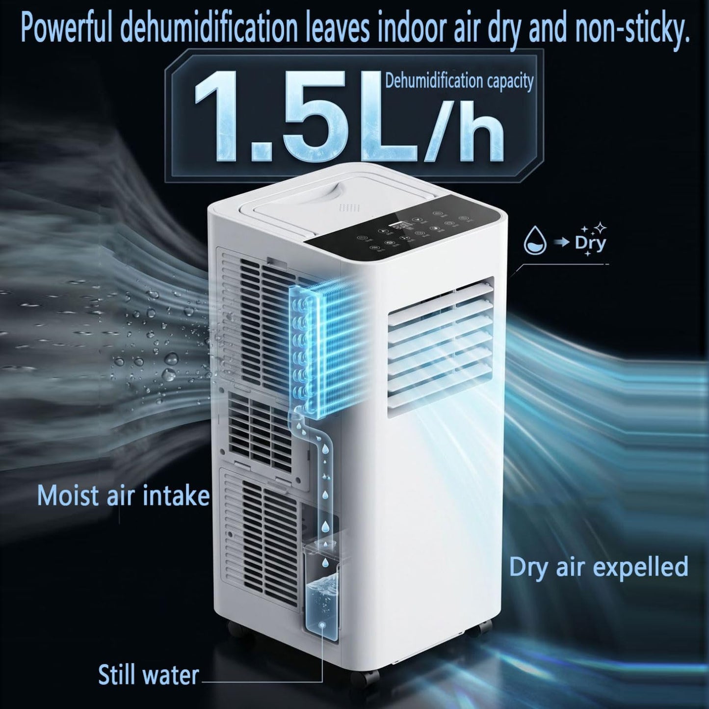  Climatiseur Portable 7000 BTU Avec Télécommande, Unité De Refroidissement Intelligente, Ventilateur Et Déshumidificateur, Ventilateur Oscillant, Réglages à 3 Vitesses, Idéal Pour Les Chambres Jusqu'à