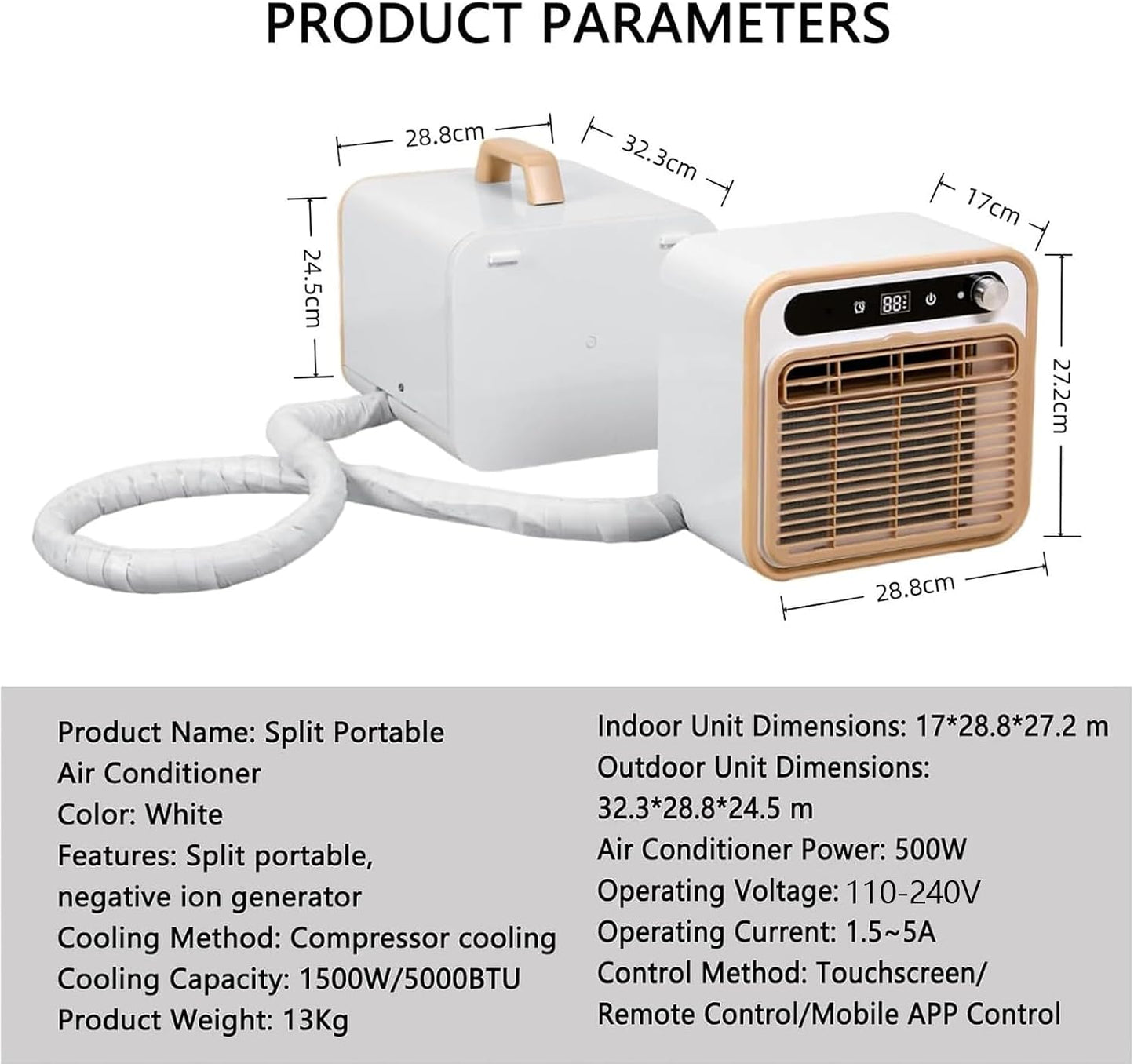 GENERIC Climatiseur Split Portable, Unité De Climatisation 5000 BTU Avec Wi-Fi Et Télécommande - Refroidissement Silencieux 40dB, Débit D’Air 130m³/h, Minuterie 12H Pour Camping-Car, Caravane, Campin 2m-Pipe