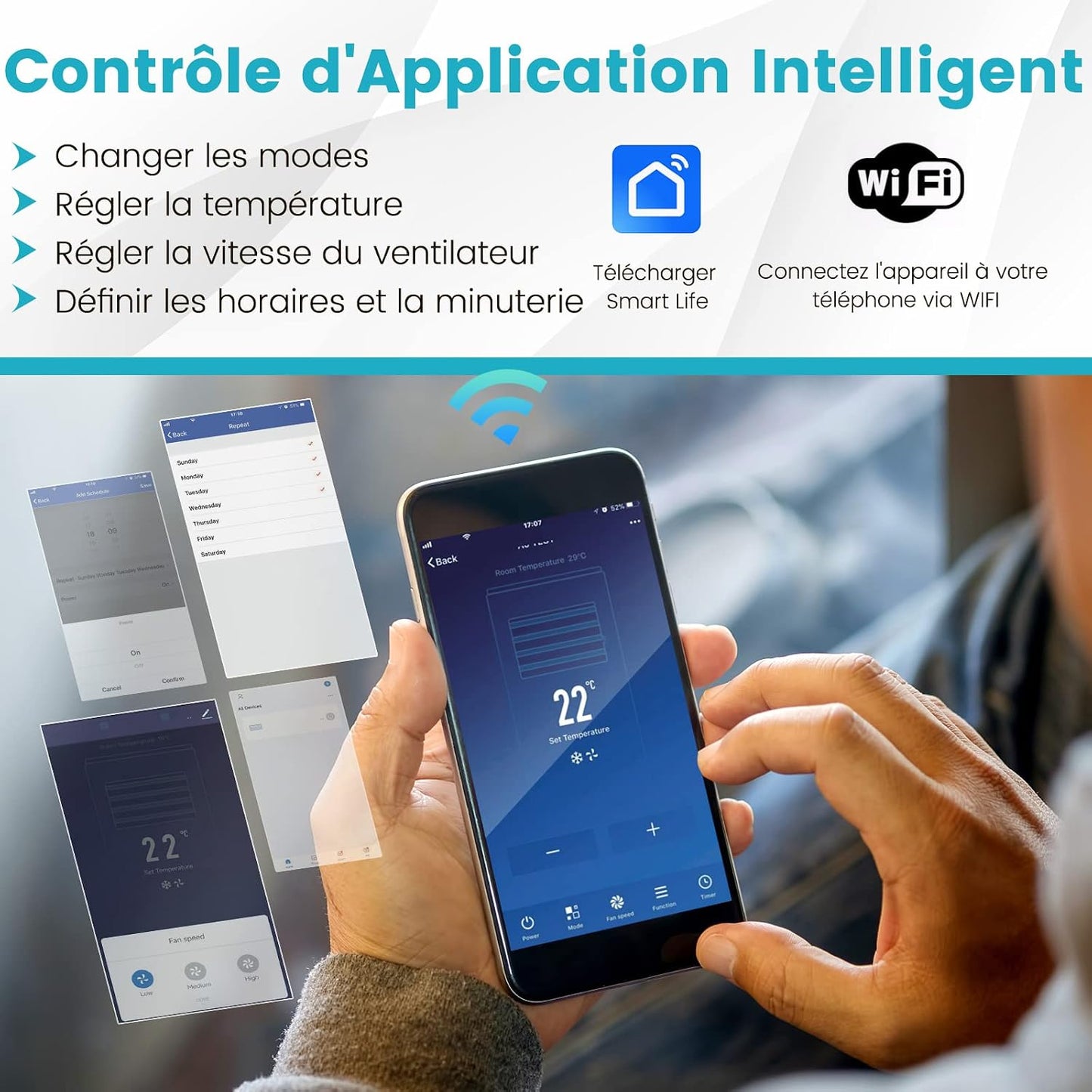  COSTWAY Climatiseur Mobile Silencieux 5 EN 1, Clim 12000BTU Refroidissement Rapide,Chauffage,Ventilateur,Déshumidificateur,Mode Nuit, Climatisation Faible Conso,Wifi