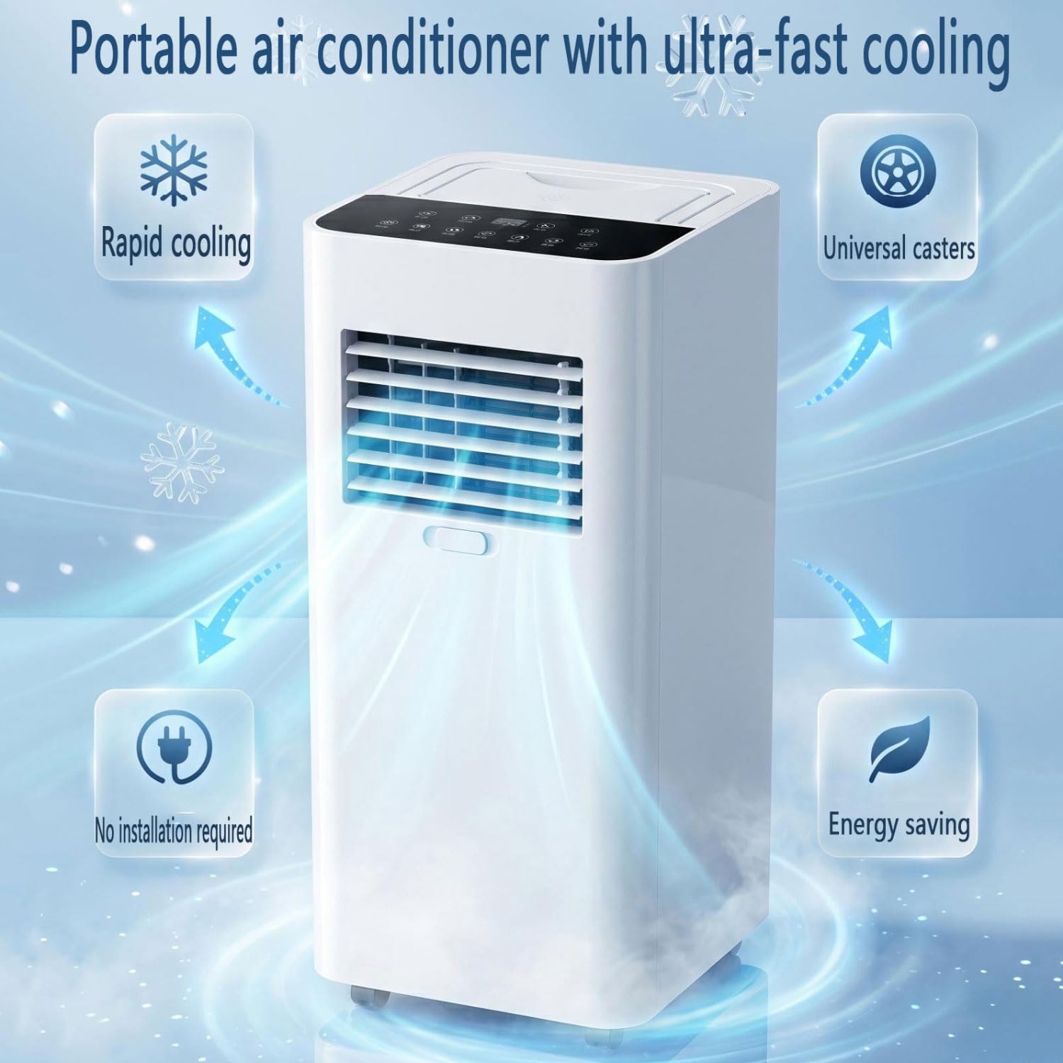  Climatiseur Portable 7000 BTU Avec Télécommande, Unité De Refroidissement Intelligente, Ventilateur Et Déshumidificateur, Ventilateur Oscillant, Réglages à 3 Vitesses, Idéal Pour Les Chambres Jusqu'à