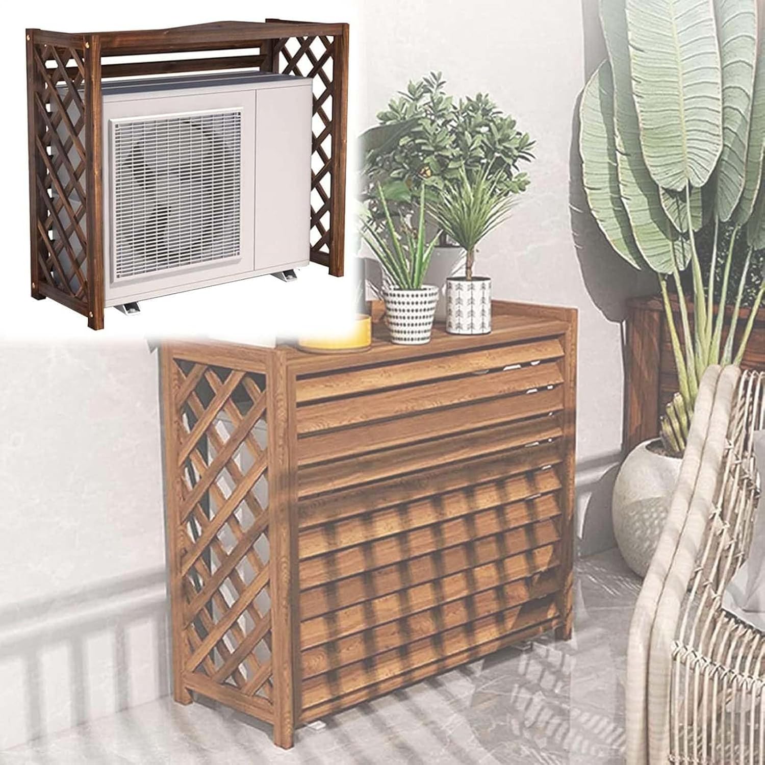  FJAUOQ Cache Climatiseur Extérieur Pour Pompe À Chaleur Couverture De Climatiseur Bois Massif Extérieur Housse Extérieure De Climatiseur Protection Support De Fleur Climatiseur En Bois