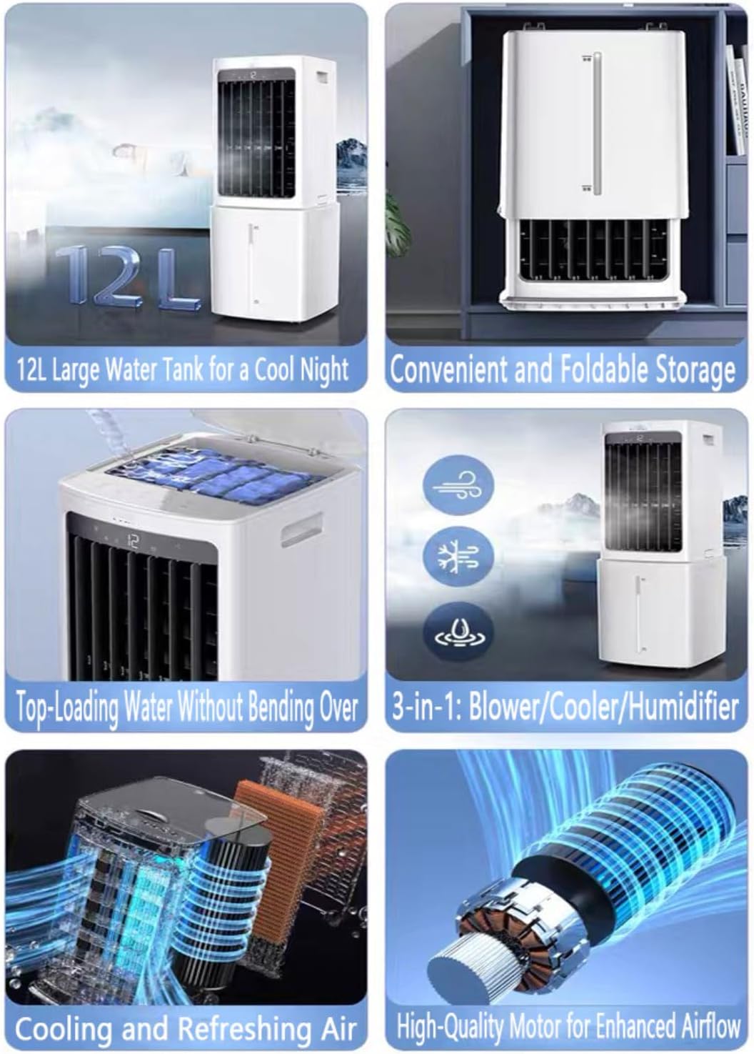  Climatiseur Mobile Silencieux 12L Refroidisseur Par évaporation Économie D'énergie Ventilateur Humidificateur 3 Vitesses 7.5H Minuterie Ventilateur Refroidisseur D'Air Pour Maison Bureau Chambre