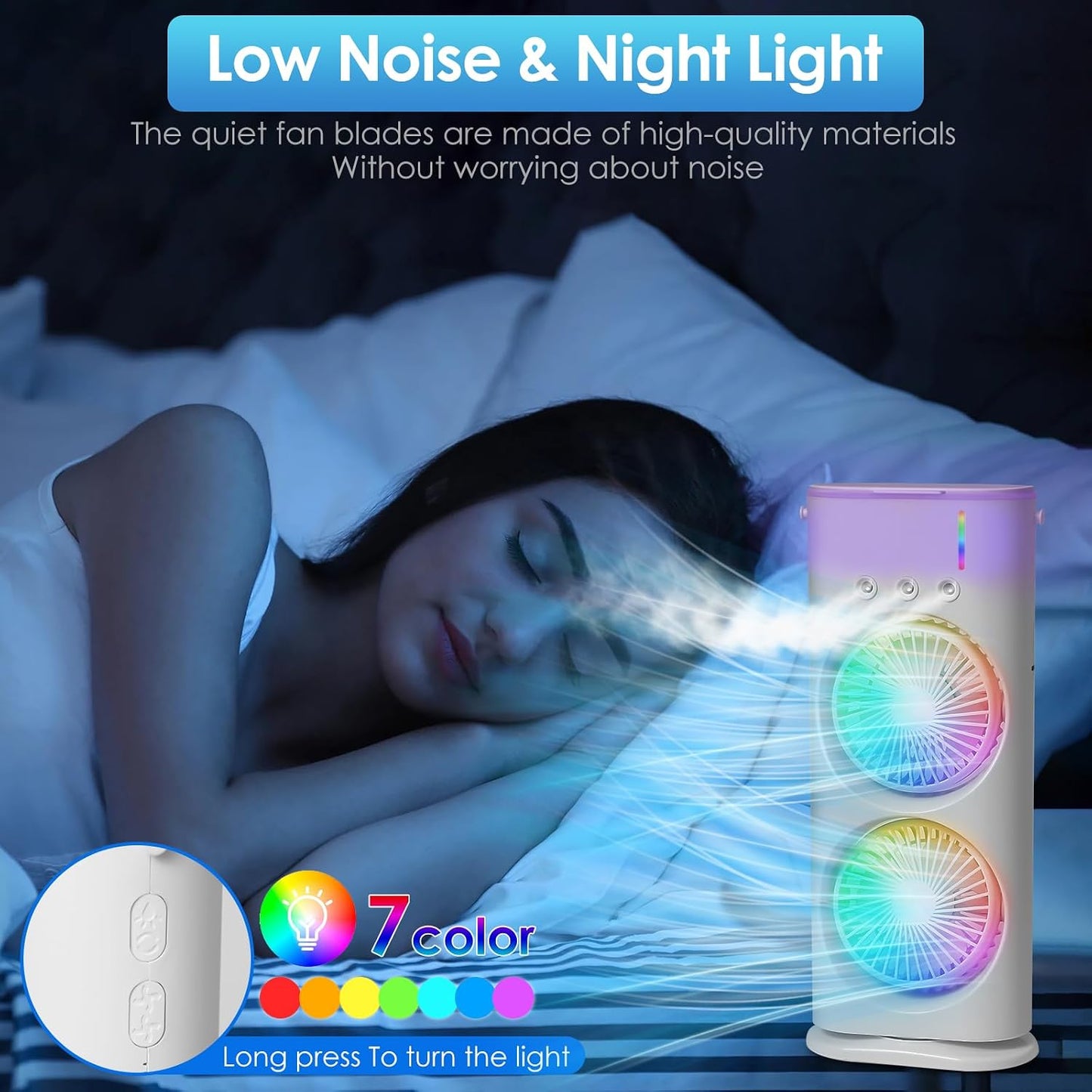  Climatiseur Mobile Rafraîchisseur D’Air, Mini Climatiseur 4 En 1, Ventilateur USB Avec 3 Vitesses & 3 Modes Brume, Refroidisseur D’Air Silencieux Avec LED 7 Couleurs Pour Bureau, Maison