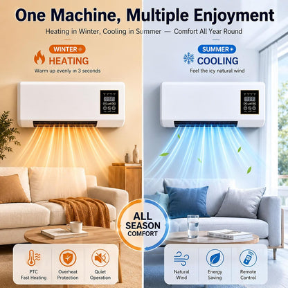  2000W 2-in-1 Portable Wall Mounted Air Conditioner, Mini Wall Mounted Air Conditioner, Fast Cooling And Heating, 8 Hours Timer For Home And Office,Red Flower