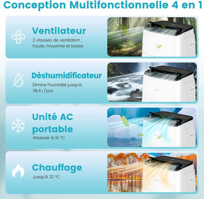  COSTWAY Climatiseur Mobile Silencieux 5 EN 1, Clim 12000BTU Refroidissement Rapide,Chauffage,Ventilateur,Déshumidificateur,Mode Nuit, Climatisation Faible Conso,Wifi