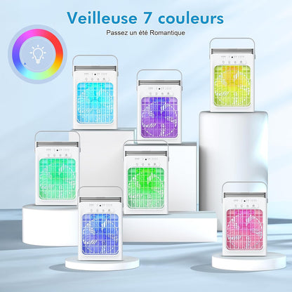  Mini Climatiseur Portable 3-en-1, Réservoir D'Eau 1L, 4 Vitesses Réglables, 3 Minuteurs, Lumière RVB Intégrée, Climatiseur Mobile Silencieux Avec Télécommande Pour Maison, Bureau