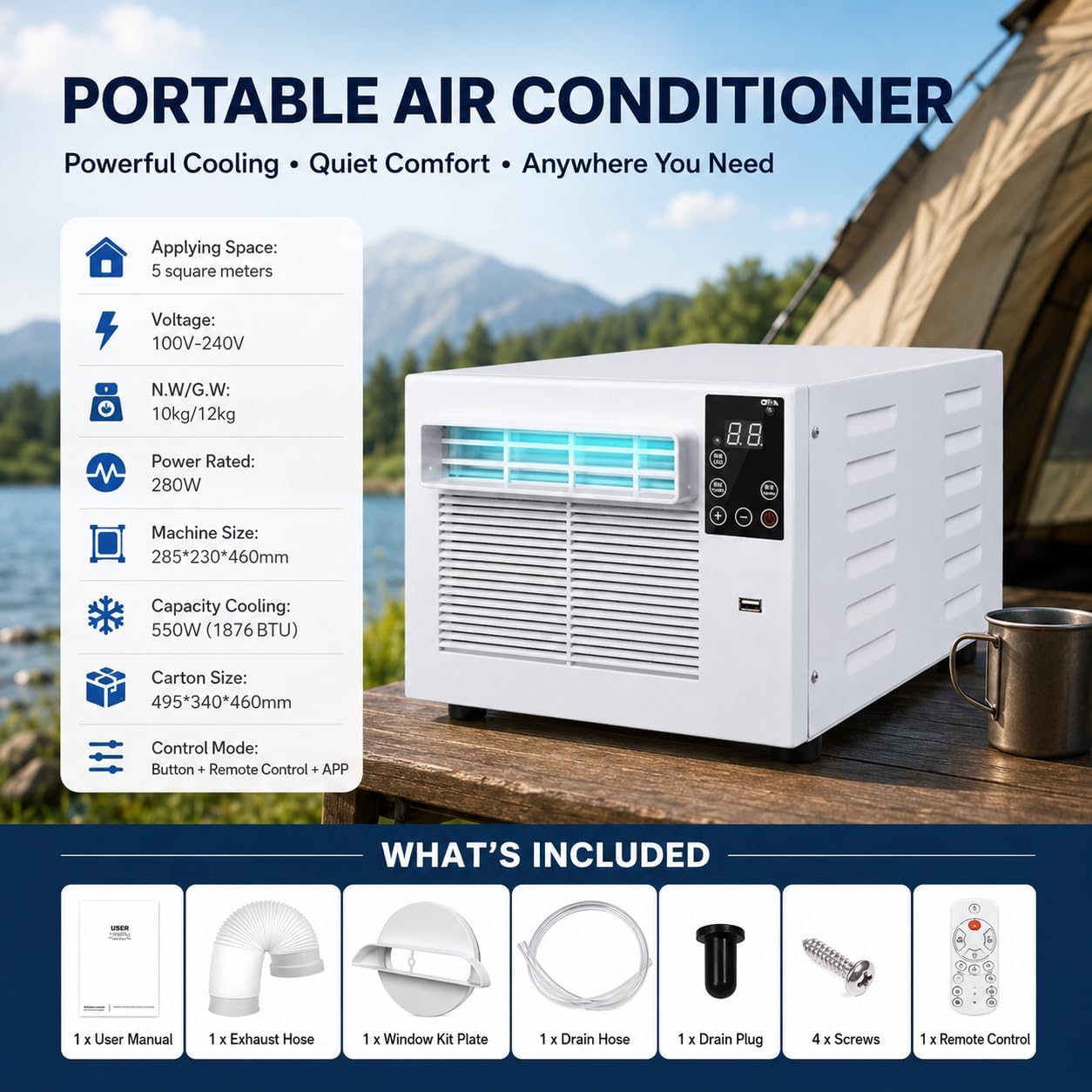 GENERIC Whisper Calme Portable AC 1876 BTU, Climatiseur Compact Déshumidificateur Pour 5 Sqm Dortoirs, Déplacement Facile Avec Roulettes, Unité De Refroidissement à Faible Puissance Pour Cuisine De Chambre, P