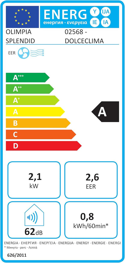  Olimpia Splendid, Dolceclima Slim 8 WWB, Climatiseur Portable 8000 BTU/h, Ultra Slim Design, Classe A, Puissance 2,1 KW, Fonctions Refroidissement, Déshumidification, Ventilation