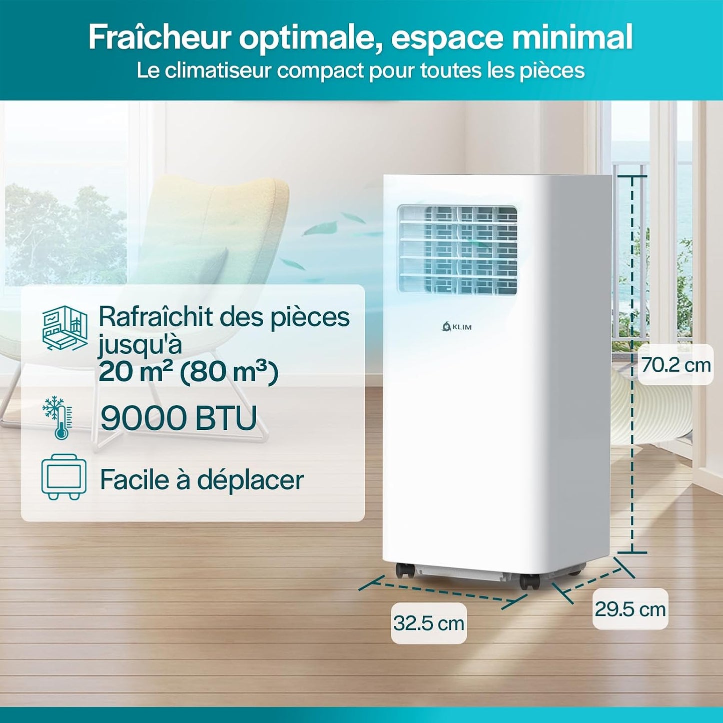  KLIM K9000 - Climatiseur Mobile Silencieux 3 En 1 - Climatiseur Portable 9000 BTU - Rafraichisseur D’Air - Déshumidificateur - Ventilateur Et Climatisation - Avec Télécommande - Blanc