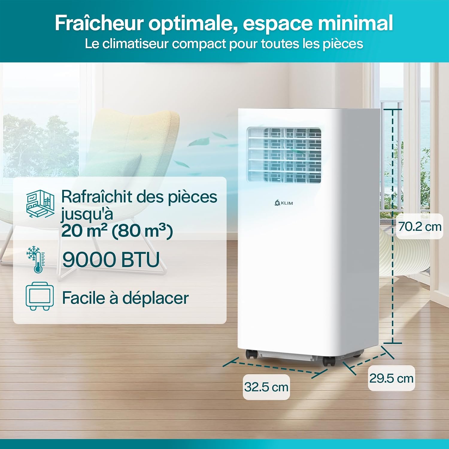  KLIM K9000 - Climatiseur Mobile Silencieux 3 En 1 - Climatiseur Portable 9000 BTU - Rafraichisseur D’Air - Déshumidificateur - Ventilateur Et Climatisation - Avec Télécommande - Blanc