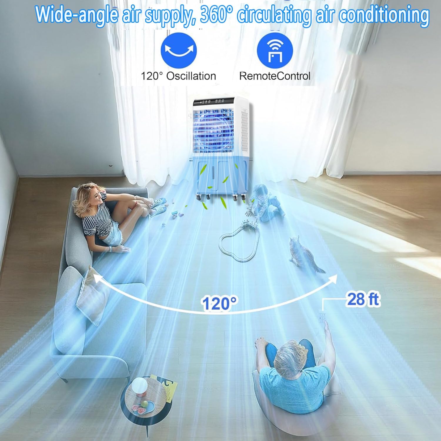 GENERIC Refroidisseur D'évaporation Portable Sans Fenêtre 40L Réservoir 120 Ventilateur Oscillant 3 Vitesses Climatiseur Debout Au Sol à Distance Pour Les Grandes Chambres Extérieures Intérieures Refroidissem